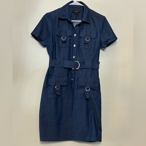 Sharagano Denim Shirt Dress Women’s 6 Utility Cargo Belted Button Front Blue